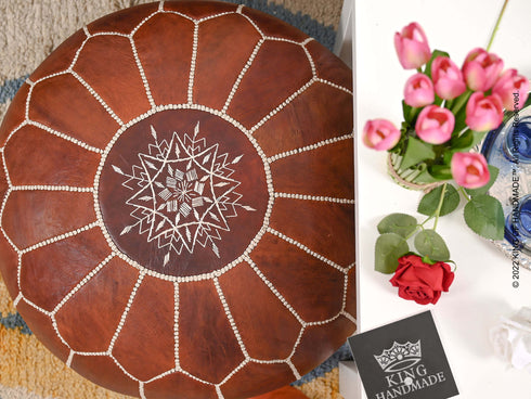 Moroccan Dark Brown Leather Ottoman - Comfortable Pouf